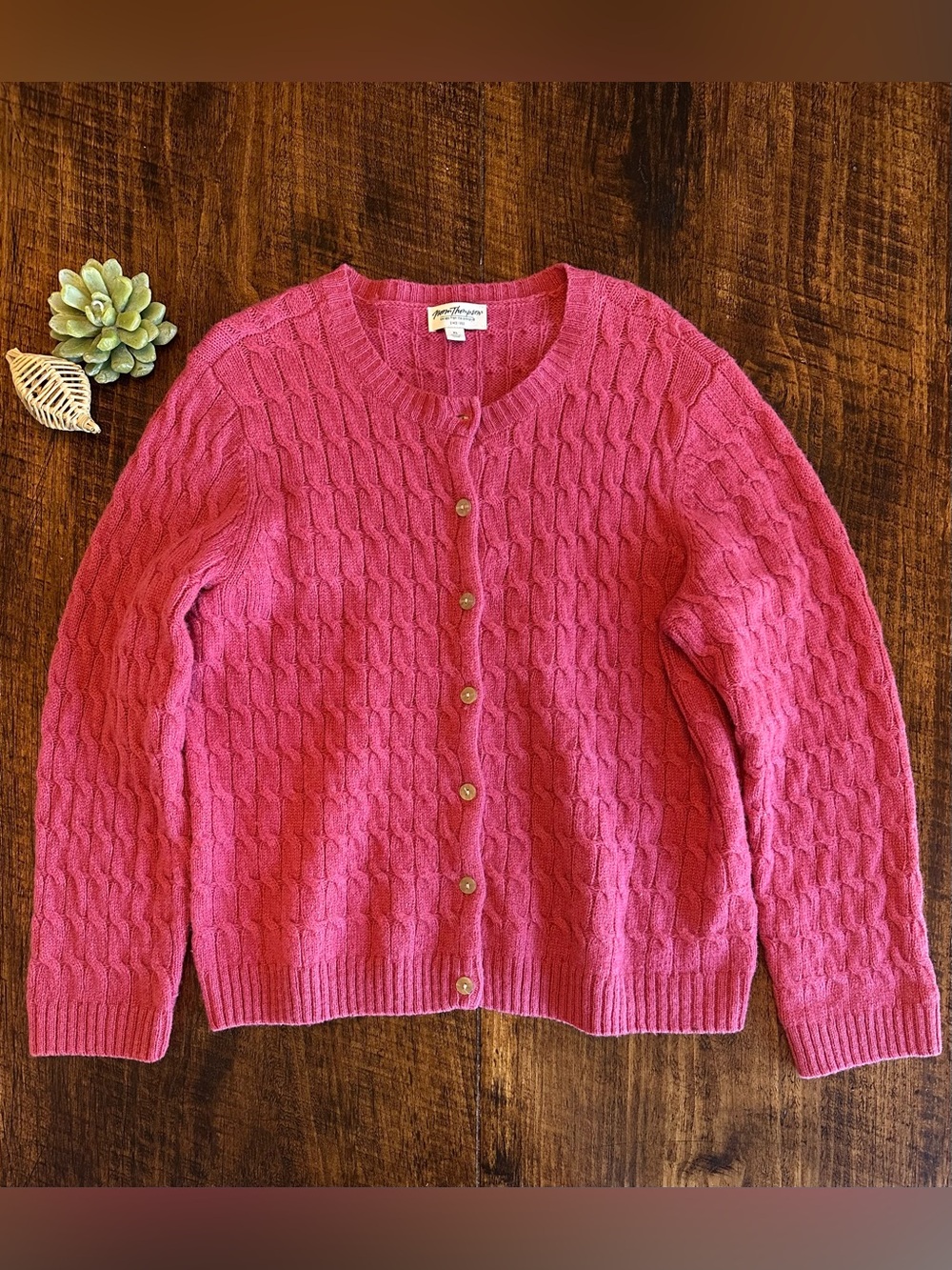 Norm Thompson | Pink 100% Wool Cable Knit Cardigan, Size XL